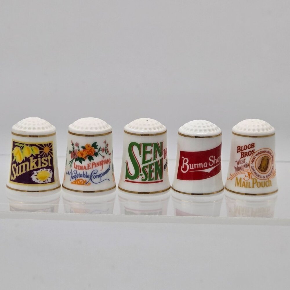 Country Store Advertising Thimbles Set of 25 and Info Cards W/ Wood Display Rack - Picture 14 of 16